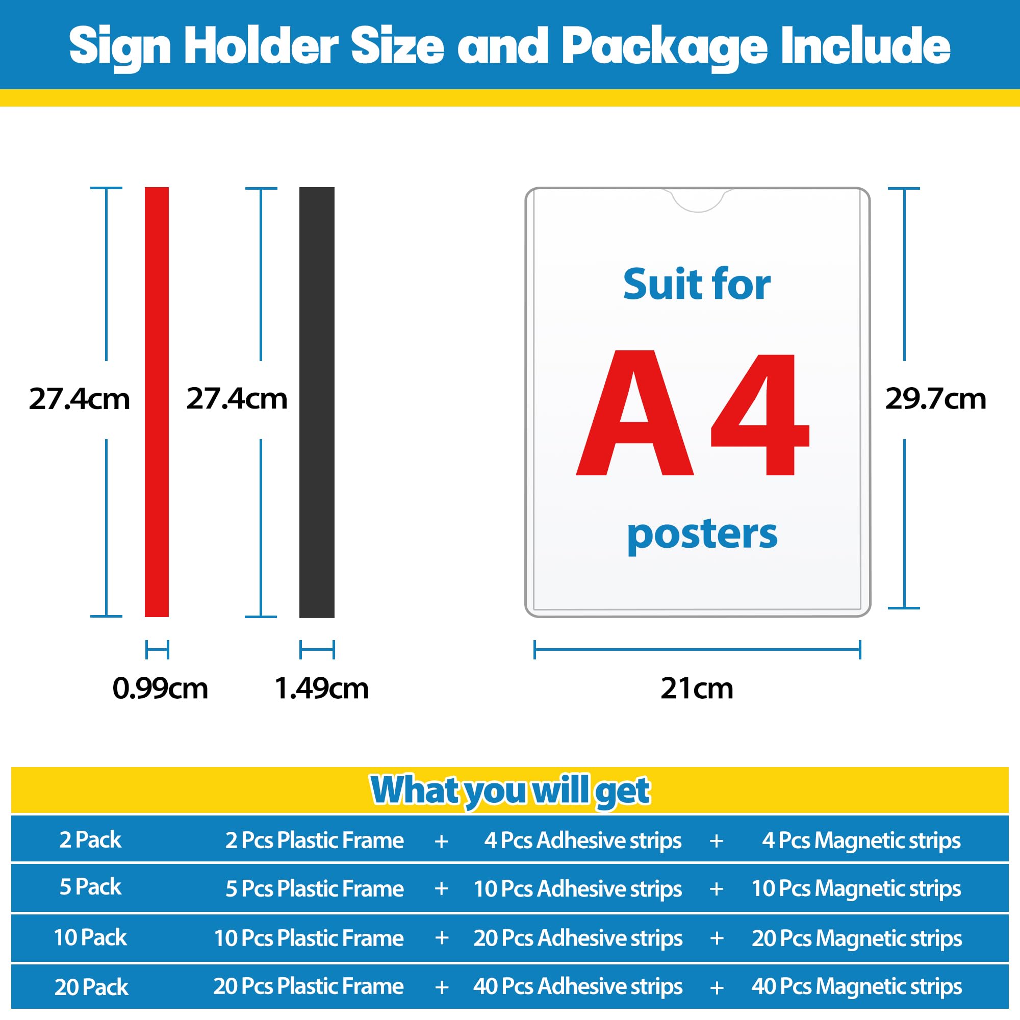 Soporte de Pared A4 Magnético y Adhesivo, Pack de 2 – Expositor Acrílico Transparente para Carteles, Documentos y Avisos, Soporte Expositor de Pared para Oficina, Tienda, Restaurante y Hogar