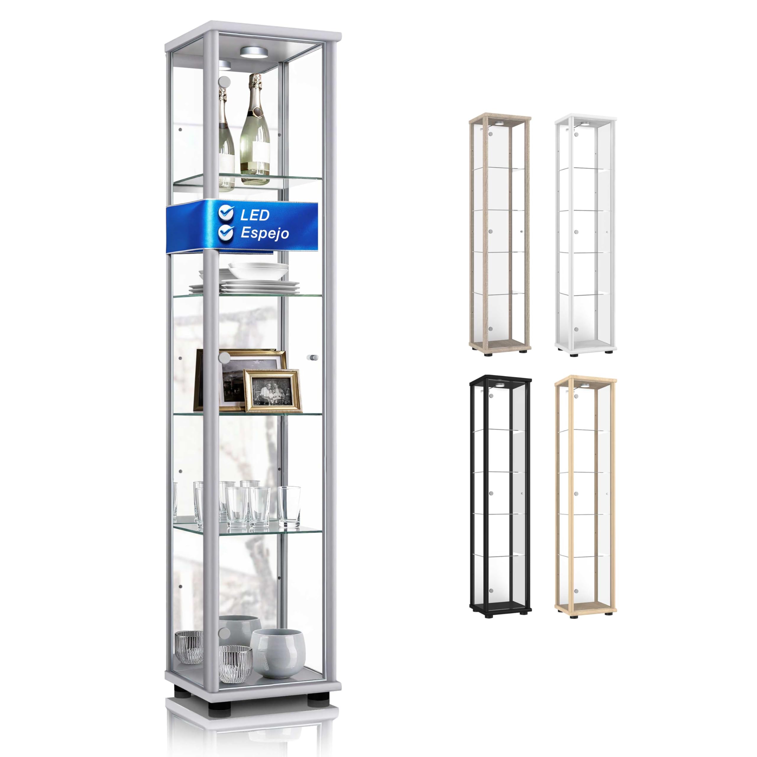 K-​Möbel Vitrina Cristal expositora (176x37x33cm) - Fabricado en Alemania - Vitrina Salon Plata/​Aluminio con 4 estantes de Vidrio Ajustables, Espejo y LED - Vitrina para Colecciones - coleccionistas