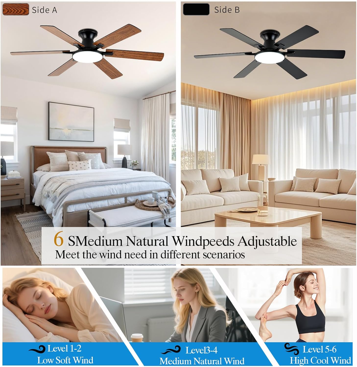 Ceiling Fans with Lights,54 Inch Low Profile Ceiling Fan with Light and Remote Control,6 Speeds/6 Blade,Flush Mount,LED Dimmable DC Reversible Modern, Brown Ceiling Fan for Bedroom/Living Room