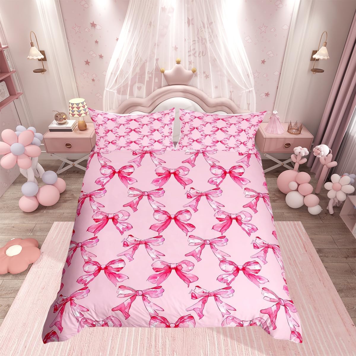 Homemissing Kids Watercolor Bows Bedding Set Double Size Pink Bow Ribbon Cover Set for Boys Girls Vintage Princess Themed Duvet Cover Bedspread Cover Quilt Cover, 1xDuvet Cover+ 2xPillow Shams