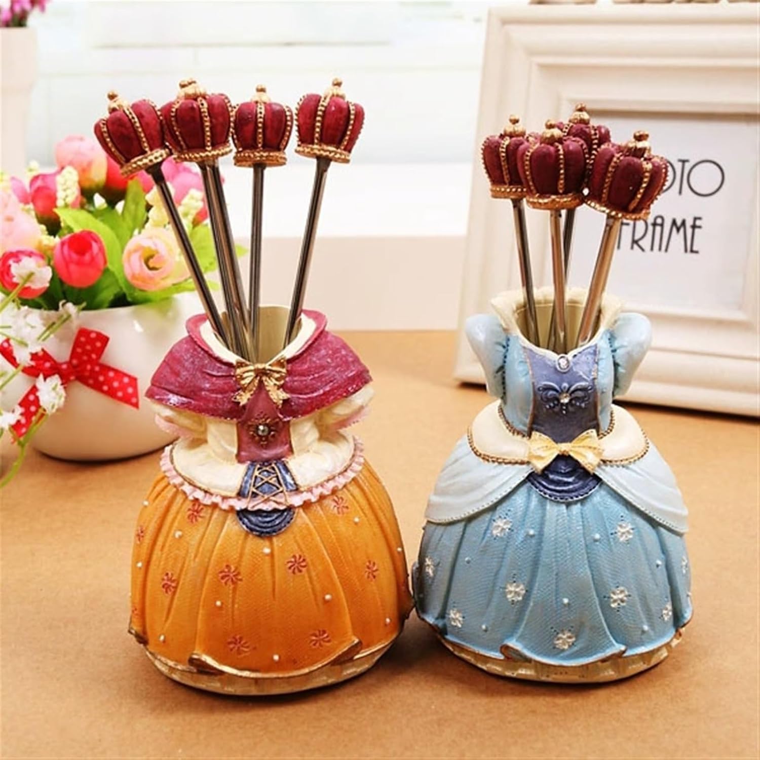 Cake Forks，Fruit Fork Household Ceramic Fork Storage Jar 5 Pcs Set Stainless Steel Small Cocktail Forks for Appetizer Dessert Seafood Salad, Household Creative Desse(Yellow)