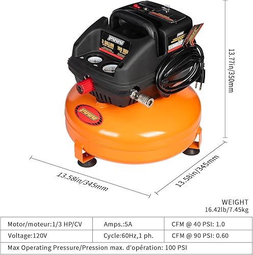 Miniatura 3 de Compresor de aire sin aceite de 3 galones, compresor de aire portátil para panqueques de 120 V 0.6 CFM a 90 PSI con doble calibre, acoplador rápido