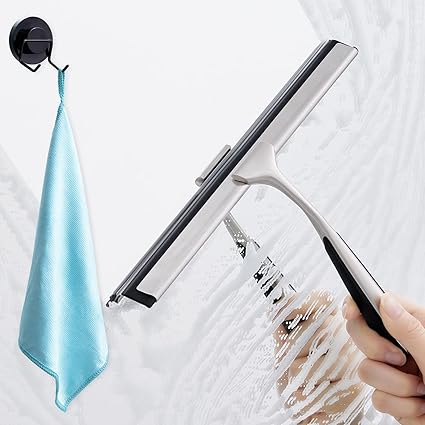 LEVERLOC Shower Squeegee for Shower Glass Door, Squeegee for Shower Doors, Mirrors, Car Windows, Bathroom Cleaner with 1 Suction Cup Hook Holder & 1 Microfiber Cloth - Stainless Steel, 10 Inch