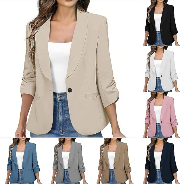 Blazers for Women Business Casual 3 4 Ruched Sleeve Slim Fit Suit Jackets Padded Shoulder Office Work Outerwear