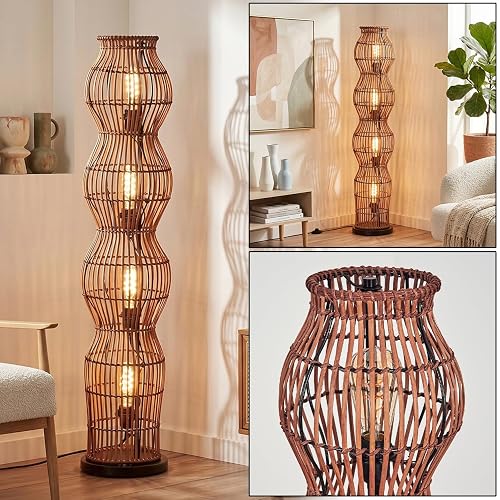 HOFSTEIN Stehleuchte Cardeira, Stehlampe im skandinavischen Design, Boho-Style mit Schirm aus Rattan in Natur, mit Lichteffekt, E27, Höhe 110cm, Fußschalter - Wohnzimmer, Schlafzimmer, Esszimmer, Flur