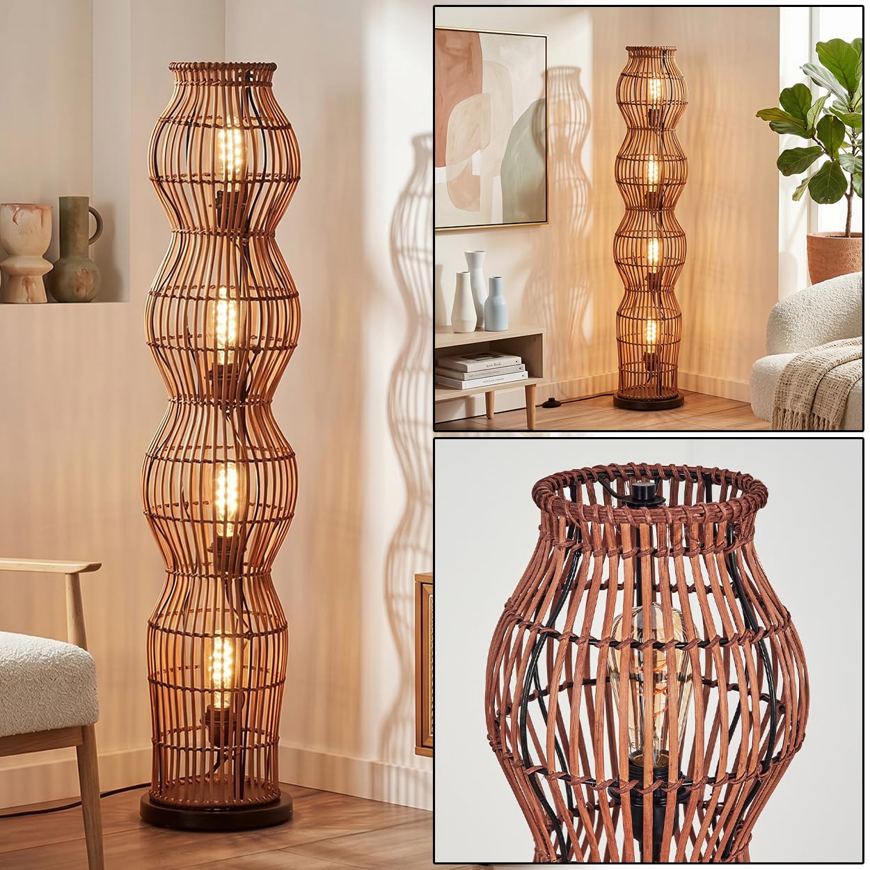 HOFSTEIN Stehleuchte Cardeira, Stehlampe im skandinavischen Design, Boho-Style mit Schirm aus Rattan in Natur, mit Lichteffekt, E27, Höhe 110cm, Fußschalter - Wohnzimmer, Schlafzimmer, Esszimmer, Flur