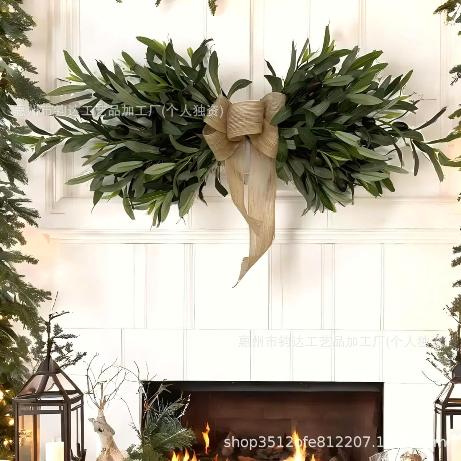 Artificial Simulation of Olive Horn Flower Wreath with Green Plants