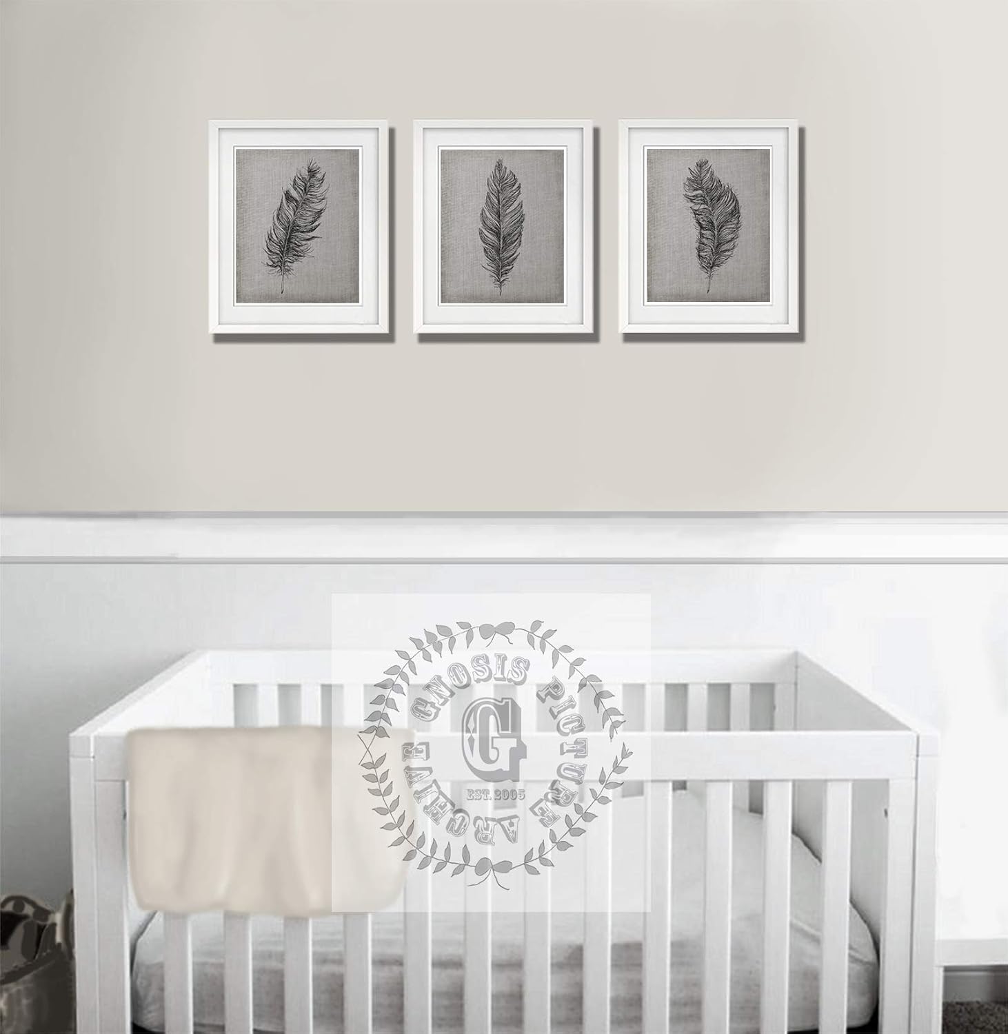 Gnosis Picture Archive Feather Wall Art set of 3 Unframed Gray Minimalist Decor
