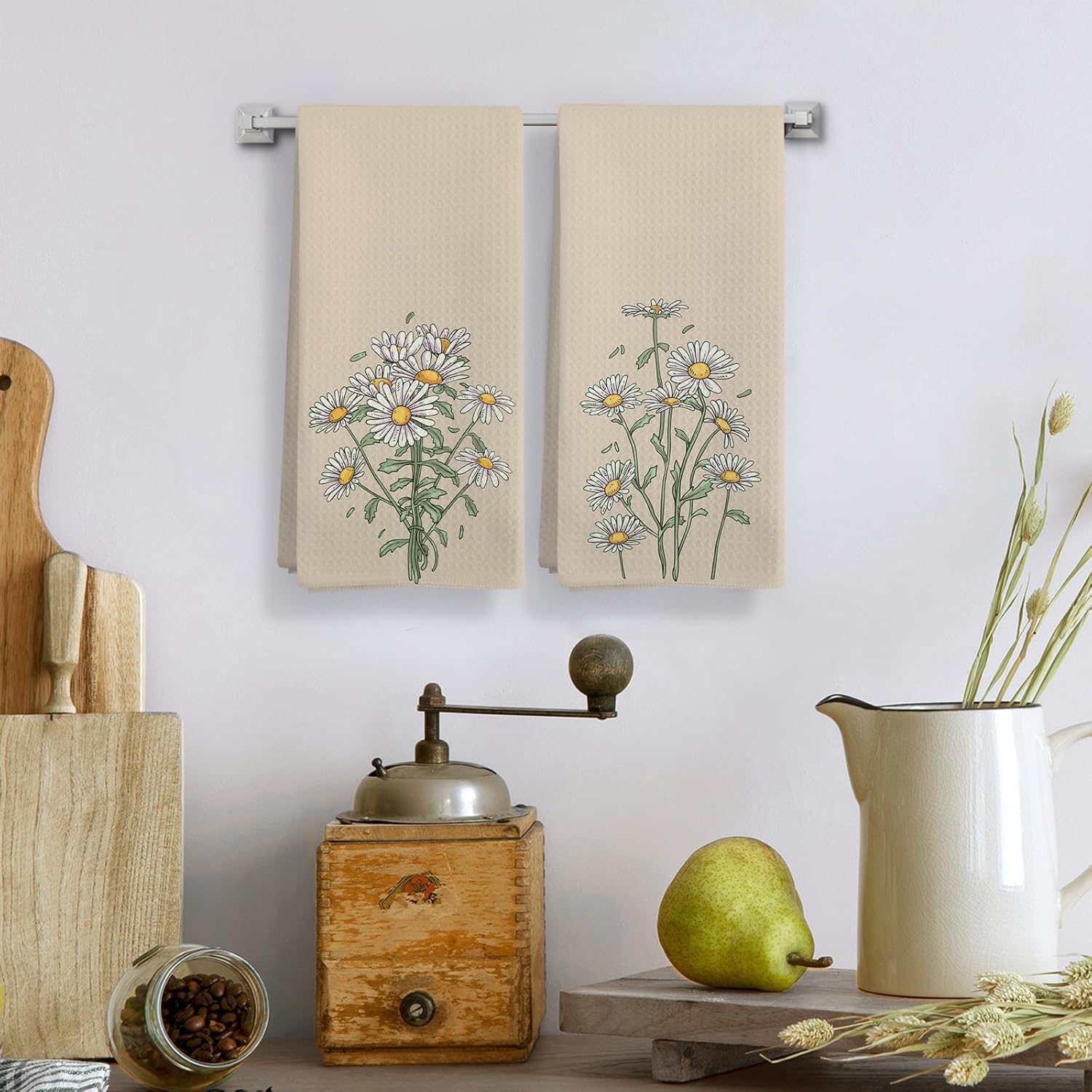 Boho Daisy Flower Spring Kitchen Towels, White Daisy Floral Kitchen Towels Decorative Set, Daisys Lovers Gifts, Rustic Botanical Hand Dish Tea Towels for Kitchen Farmhouse Cooking，16x24in