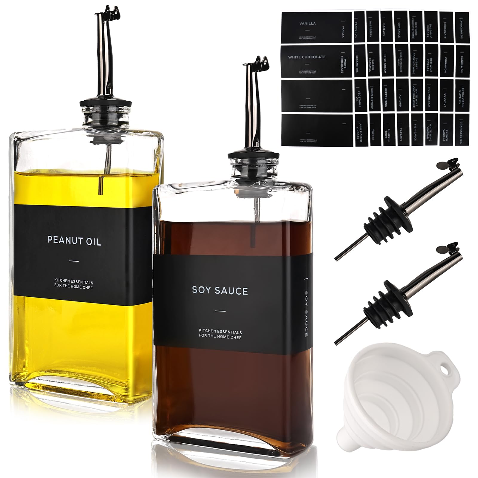 2 Öl- & Essigspender Aus Glas – 500 Ml Mit Tropffreiem Ausgießer, Etiketten & Trichter, Gold