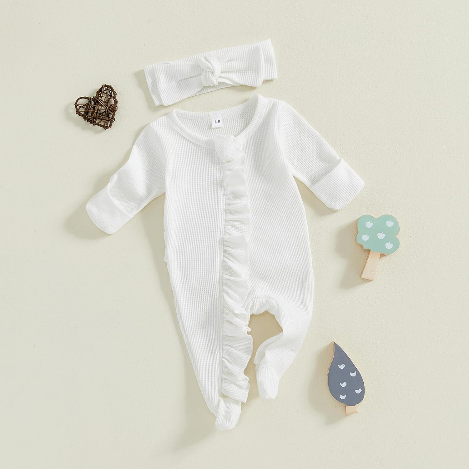 Fanvereka Newborn Infant Baby Girl Fall Outfit Romper 3 6 12 Months Girls Long Sleeve Full Length Zipper Footie Headband - Image 3