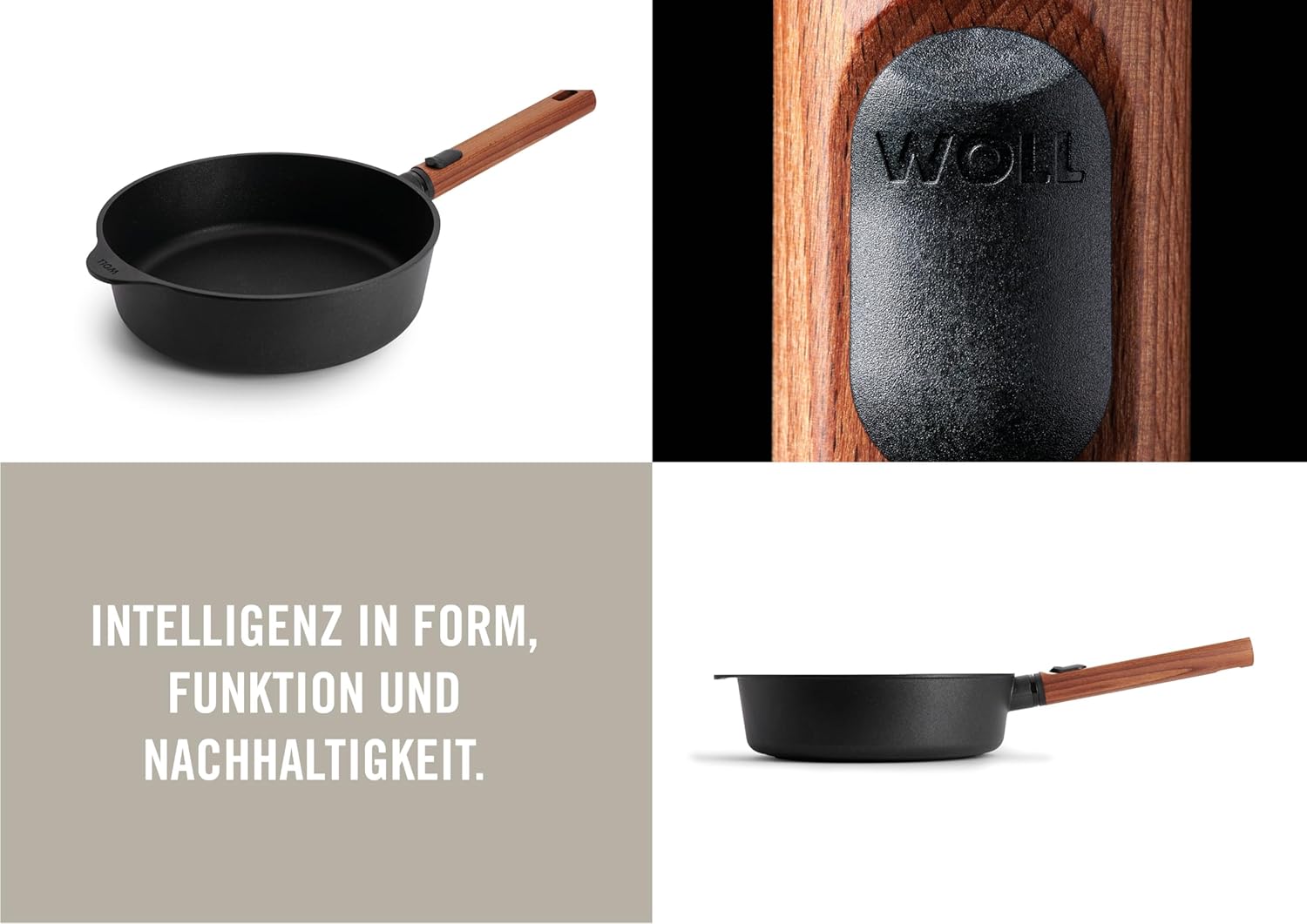 Woll Eco Logic QXR Cast High Rim Pan Inductive Diameter 24 cm 7 cm High with Removable Sustainable Wooden Handle Suitable for All Hob Types PFAS-Free Non-Stick Coating Cast Aluminium