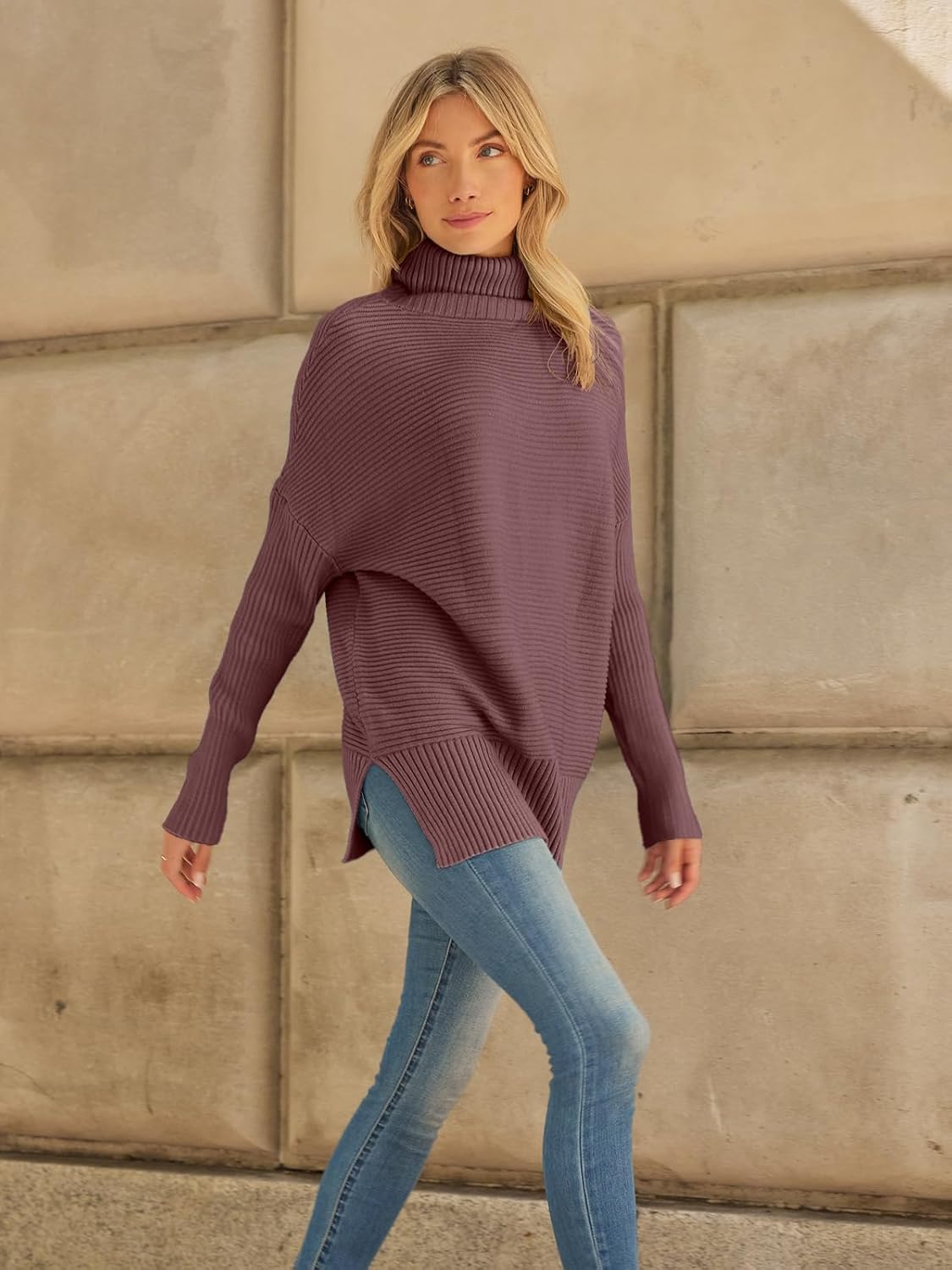 LILLUSORY Women's Oversized Turtleneck Sweaters Fall Batwing Sleeve Ribbed Tunic Sweater - Image 3
