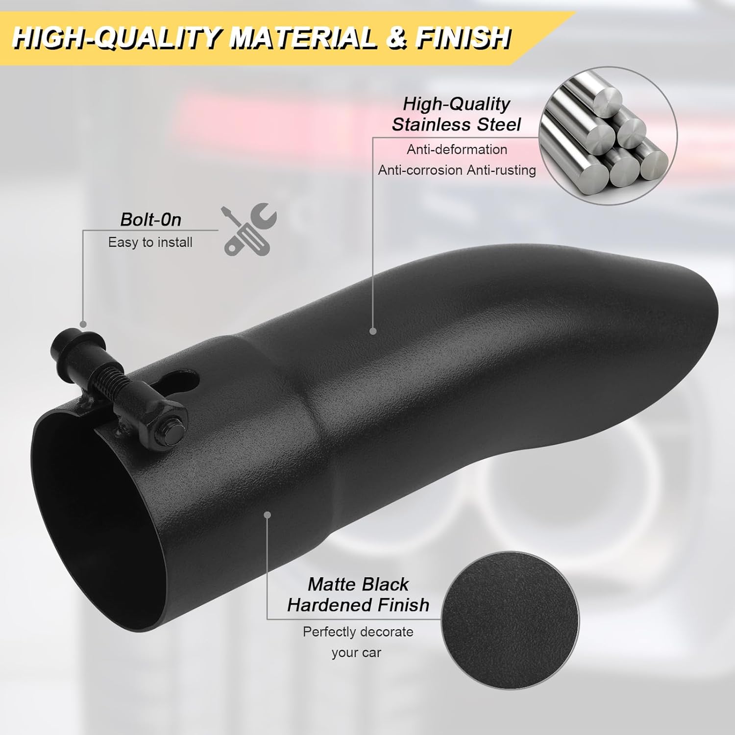 2.5 inch Inlet Curved Exhaust Tip, 2.5" Outlet 9" Overall Length Stainless Steel Turn Down Exhaust Tail Pipe, Bolt-On, Black (Fit for Tailpipe Outlet is 2.5", must OD not the ID)
