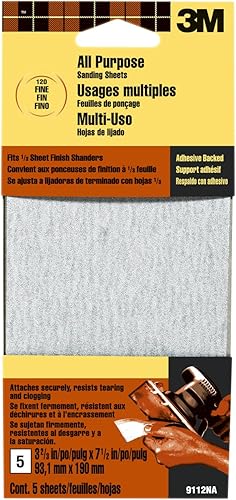 3M 9112DCNA - Hojas de papel de lija con respaldo adhesivo de 3.66 x 7.5 pulgadas, grano fino, paquete de 5
