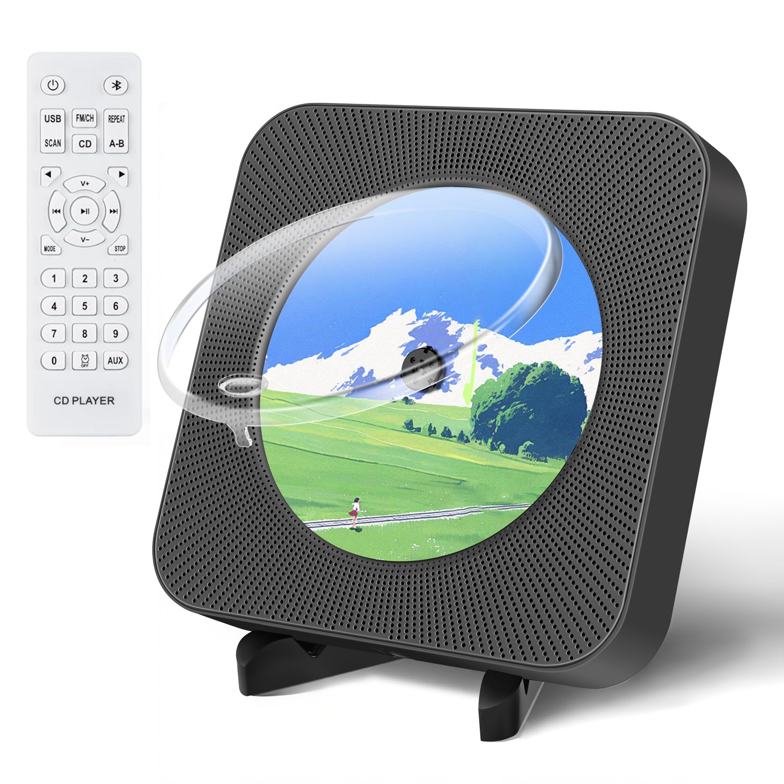 Reproductor de CD Bluetooth, Reproductor de CD portátil para el hogar, Altavoces HiFi incorporados, admite Radio FM, Toma de Auriculares, USB/AUX, Cubierta Antipolvo con Mando a Distancia Negro