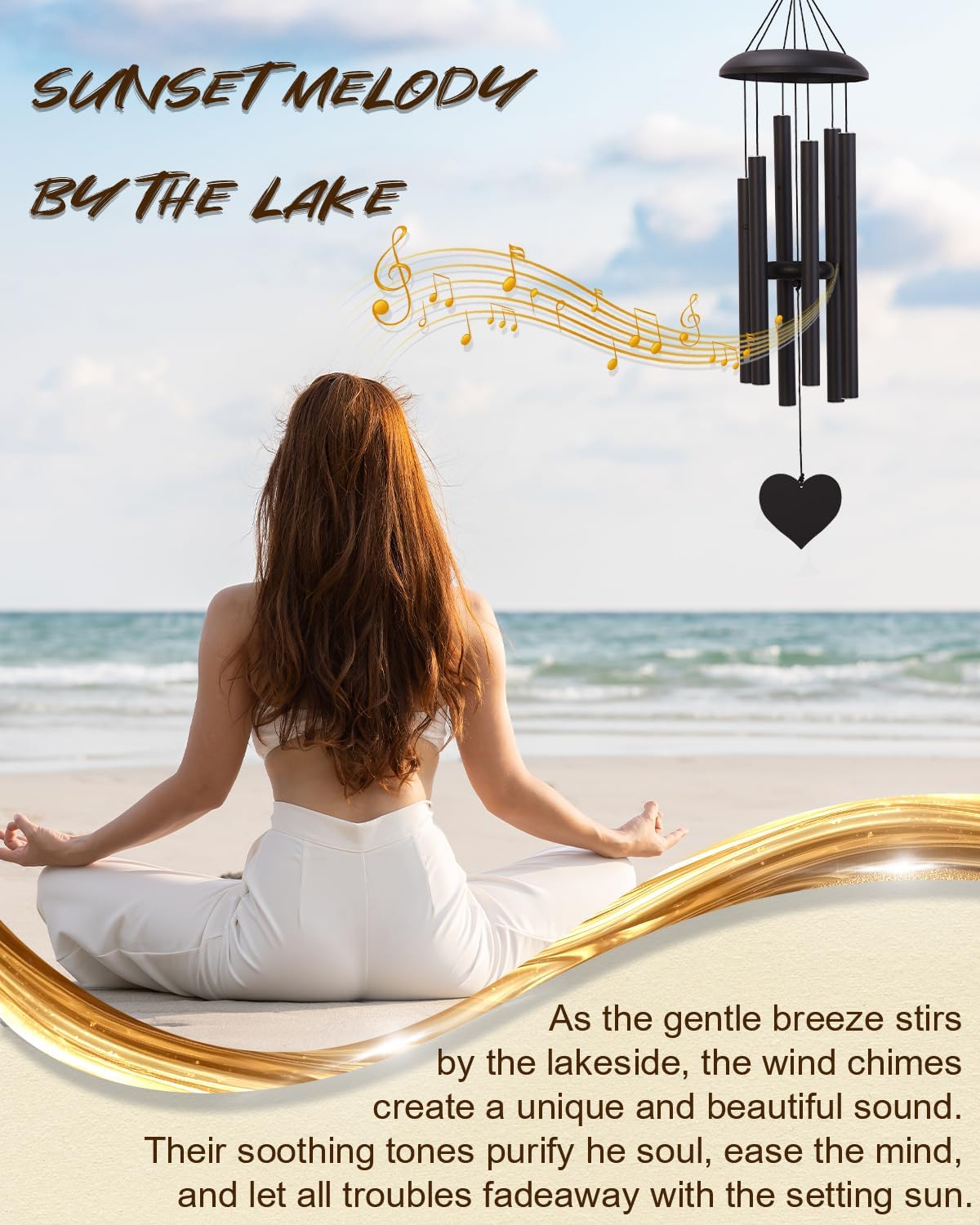 32" Deep Tone Wind Chimes for Outside, Tuned C Major Aluminum Wind Chime with Gift Envelope, Sympathy Memorial Wind Chime for Garden Patio Porch Decor, Heart Design, Black