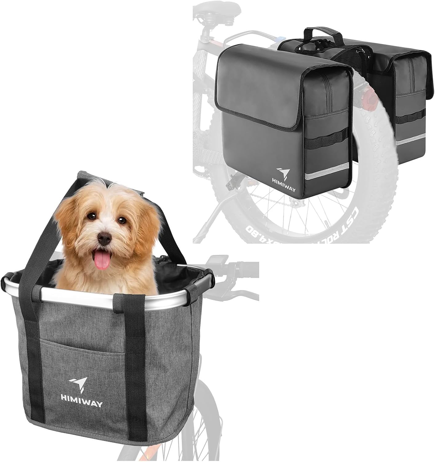 Himiway Bike Bags for Rear Rack 36L Foldable Bike Panniers + Folding Bike Front Basket with Quick Release Design