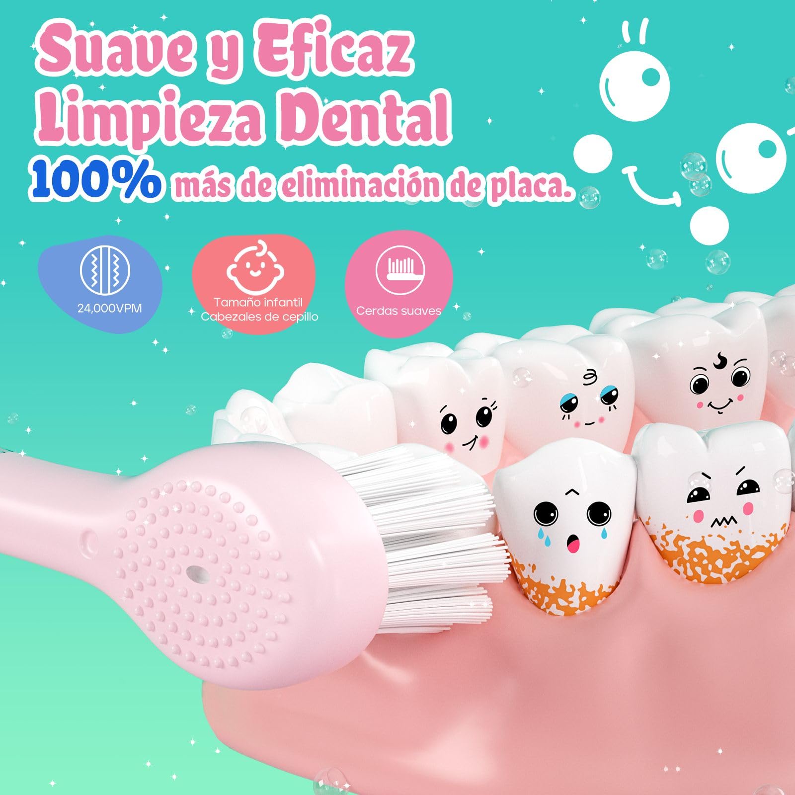 seago cepillo electrico infantil recargable, cepillo dientes bebe con luz LED, temporizador y 8 cabezal de recambio para niños mayores de 2 años, IPX7, SG2139(Rosa)