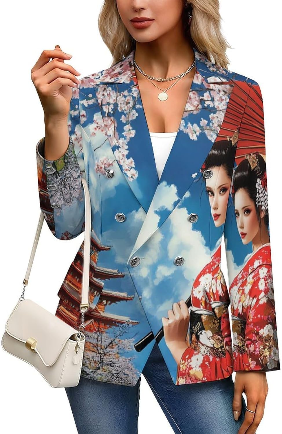Japanese Kabuki Geisha Women's Blazer Long Sleeve Suits Business Casual Blazers Jackets Lapel Open Front Suit
