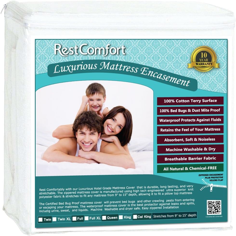 Luxury Cotton Terry Zippered Mattress Protector and Encasement - Bed Bug Dust Mite Proof, Hypoallergenic, Water Resistant - Rest Comfort (Twin, Stretches 9”-15 Depth)
