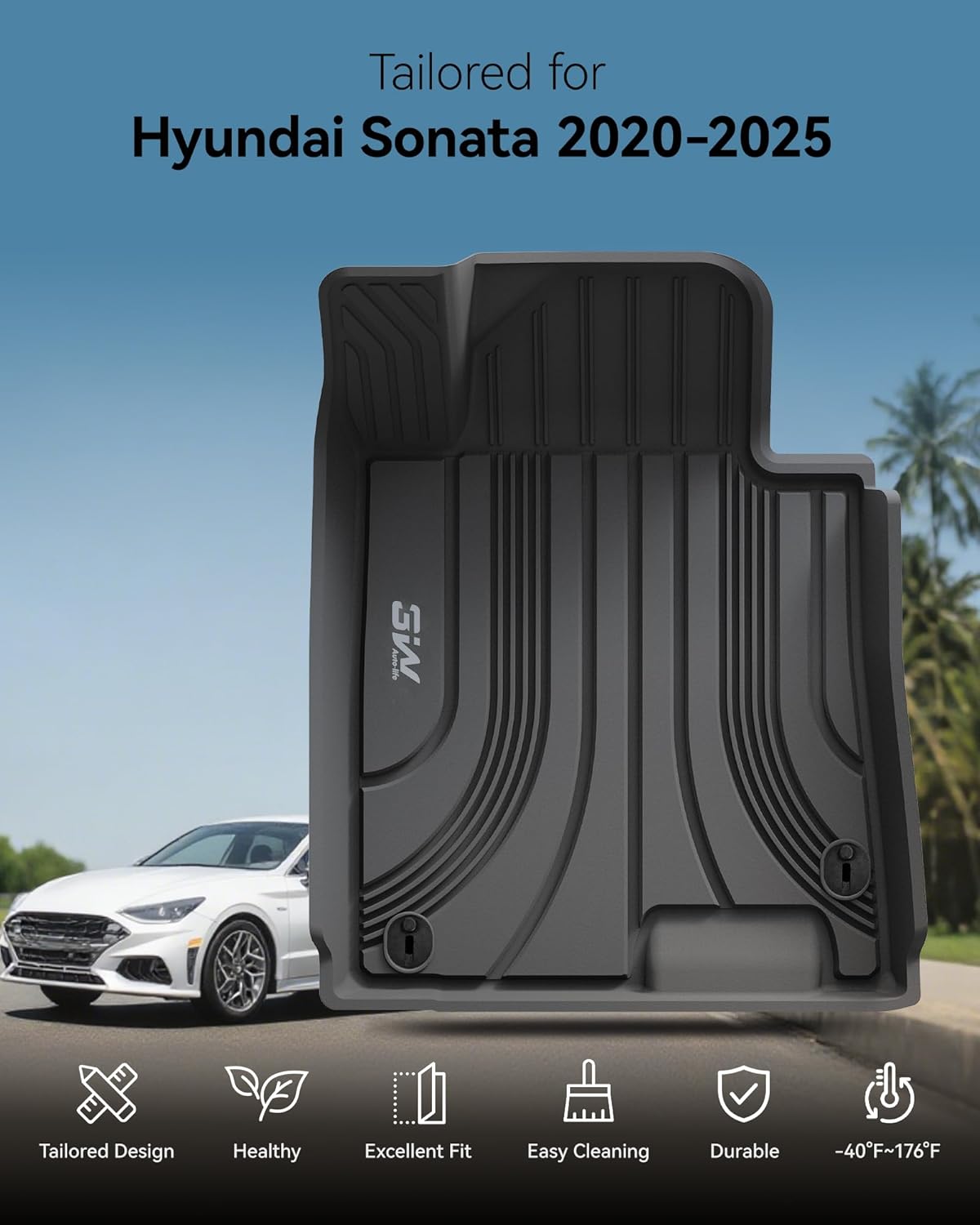 3W Floor Mats Fit Hyundai Sonata 2020-2025 (NOT for Hybrid)/Kia K5 2021-2025(Only for FWD Models) All Weather TPE Custom Fit Heavy Duty Waterproof Floor Liner Car Mats for 1st and 2nd Rows, Black