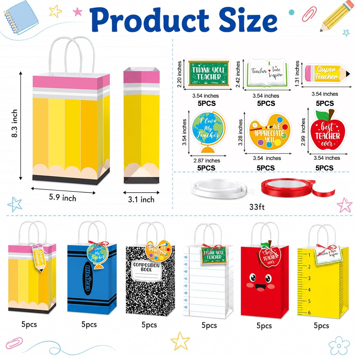 gisgfim 30 Sets Back to School Gift Bags with Thank You Composition Notebook First Day of School Classroom Decor for End of Year Graduation Teacher Appreciation Party Supplies Favors image 2