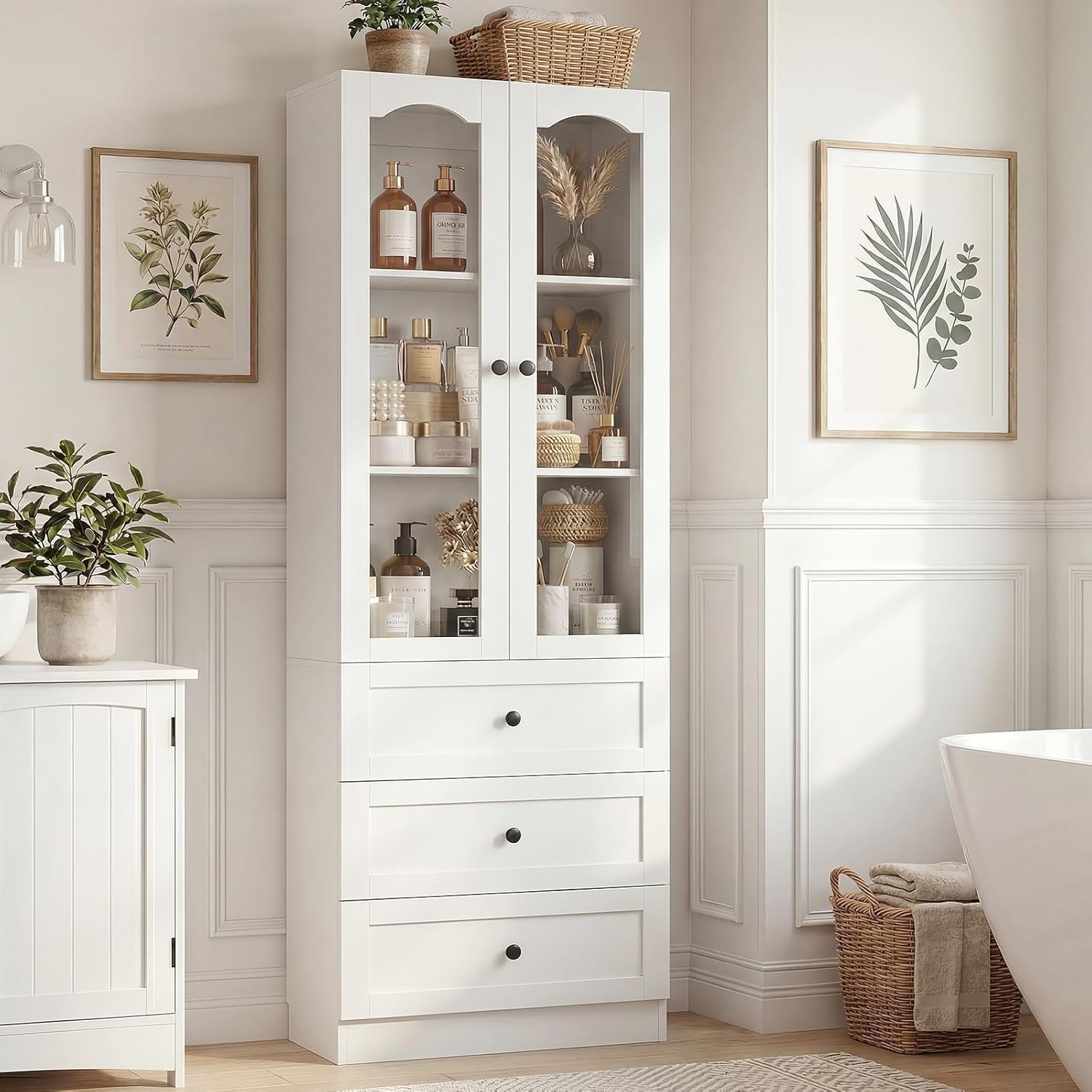 Cyclysio 80" Tall Pantry Cabinet for Kitchen Storage, White Pantry Cabinet with Glass Doors & 3 Drawers - Freestanding Storage Bookcase with Built-in Baseboard Notch for Dining, Living Room