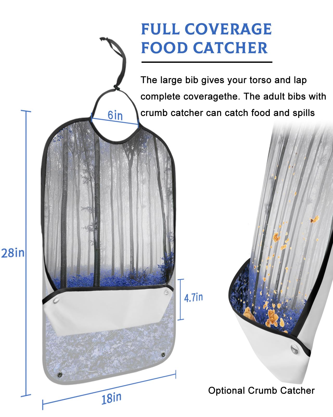 LEOKOTI Blue Forest Adult Bibs for Eating, Waterproof Bibs with Food Catcher & Adjustable Snap Closure, Fall Maple Leaf Natural Landscape Washable Clothing Protectors Adult Bibs for Elderly Women/Men