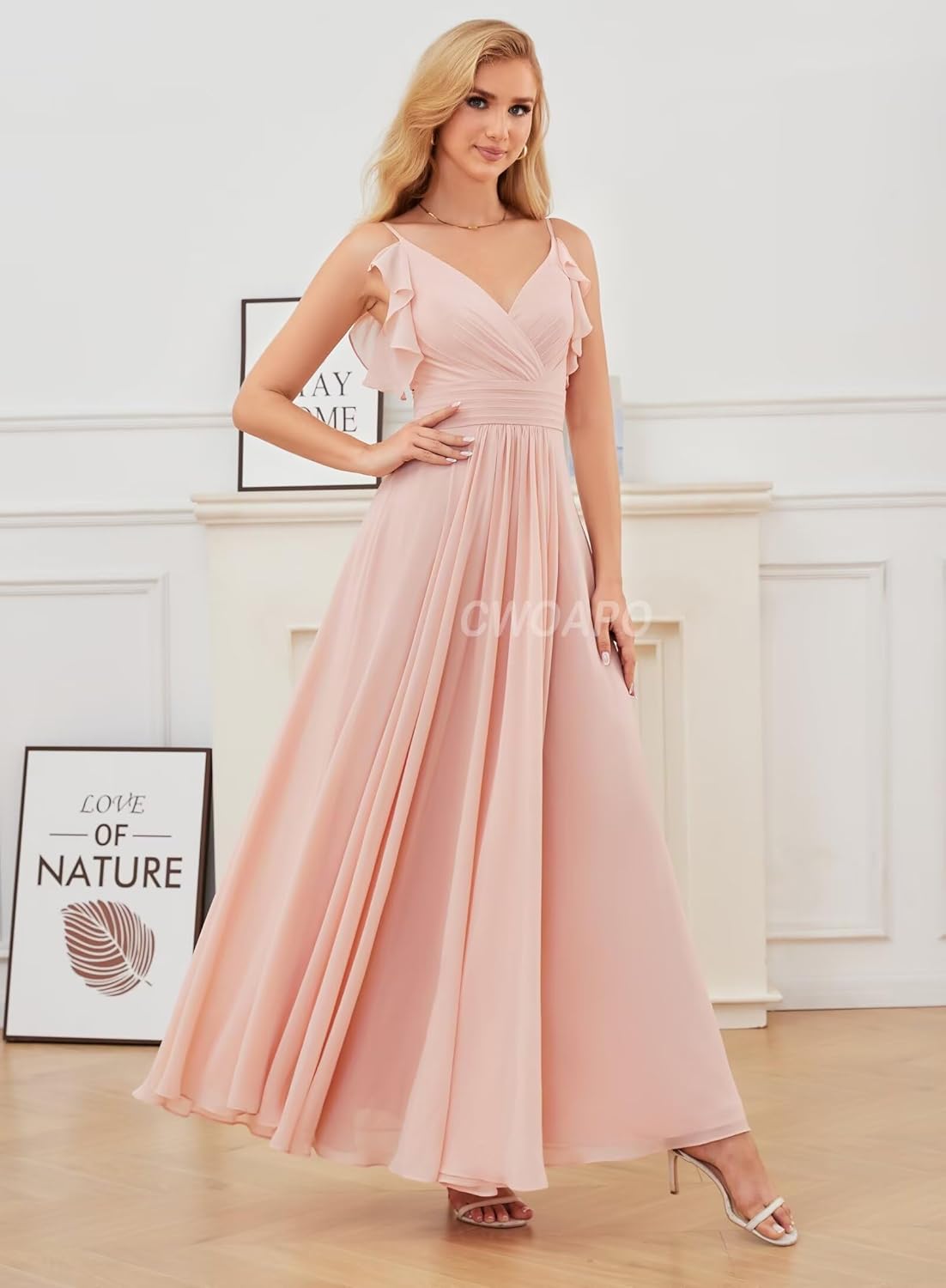 CWOAPO V Neck Bridesmaid Dresses for Women Long Ruffles Chiffon Spaghetti Straps A Line Pleated Formal Evening Gowns