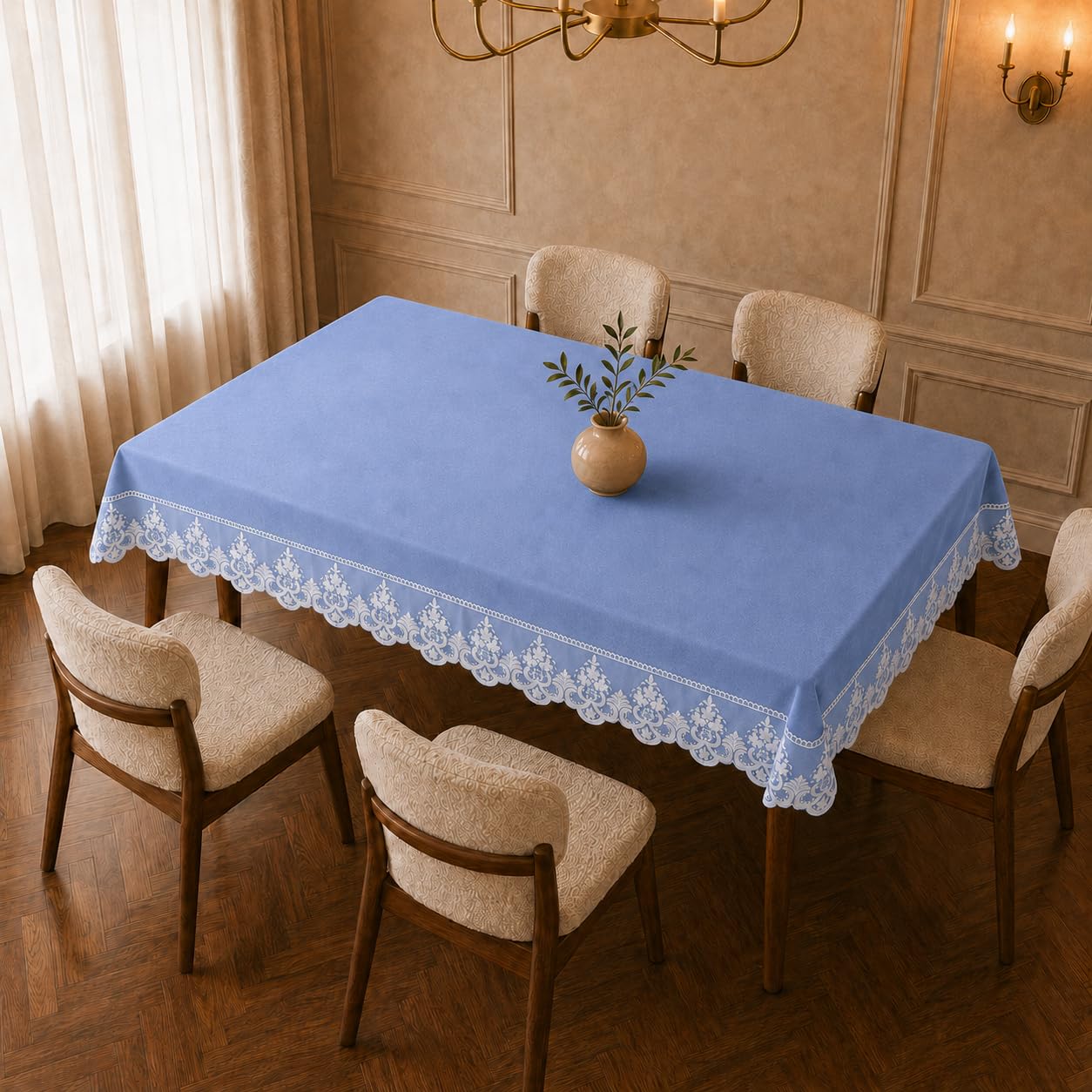 PETTI Artigiani Italiani Samt-Tischdecke mit Rebrodé-Spitze 140 x 140 cm (Quadratisch), Quadratische Tischdecke Weich und Elegant für Esstisch und Küche, 4 Personen, Rauchblau mit Spitze