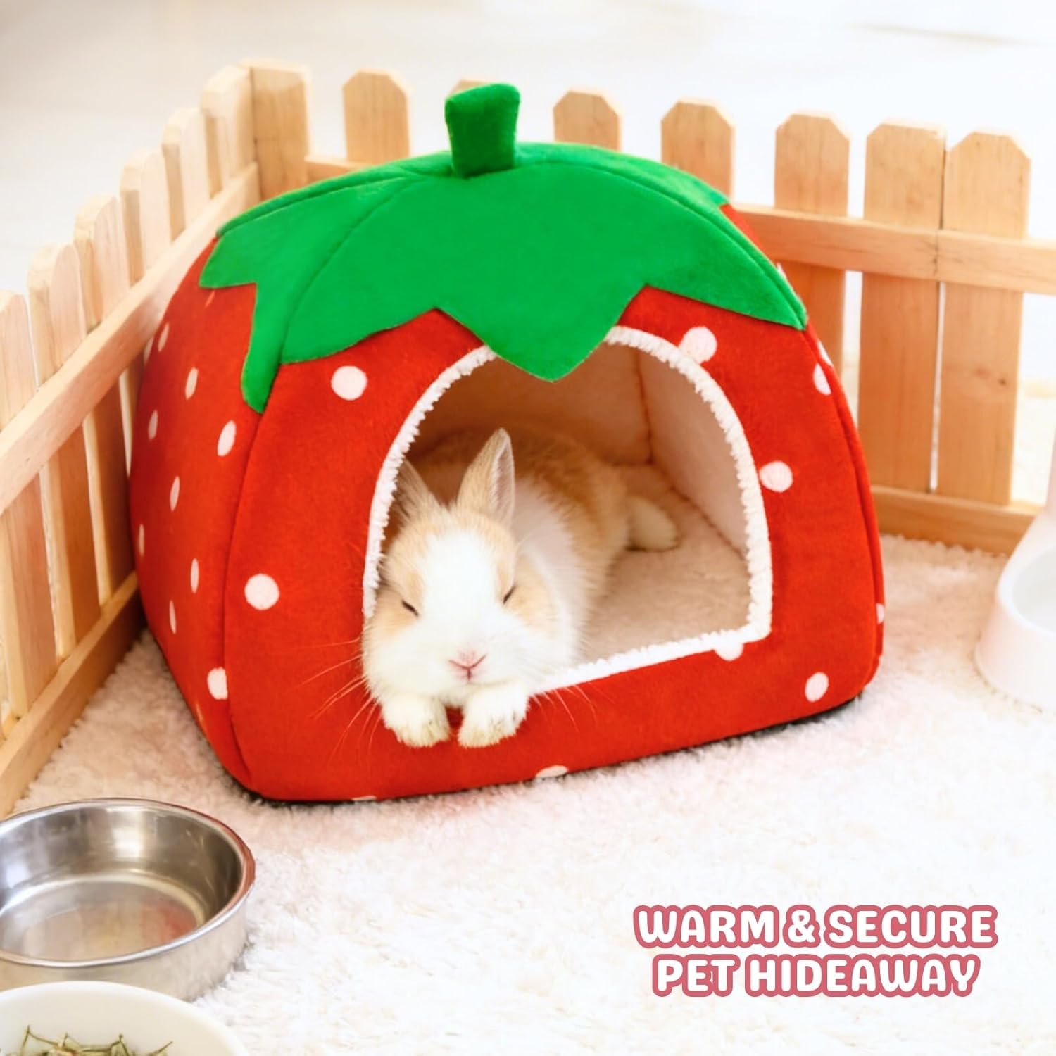 2 Pack Rabbit Hideout, Washable Bunny Bed with Removable Pee Pad, Plush Indoor Rabbit House, Adorable Strawberry Design Small Animal Hideaway for Guinea Pig, Red & Pink