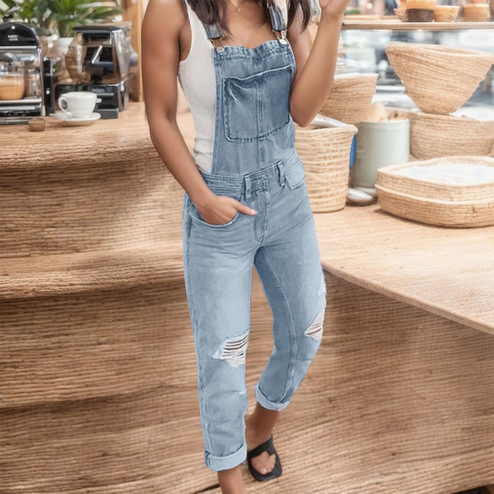Genérico Peto Mujer Monos Pantalones Trabajo Jumpsuit Casual Ligero Mono Disfraz Vestir Tejanos Invierno Largo Vaquero para Algodón Primavera
