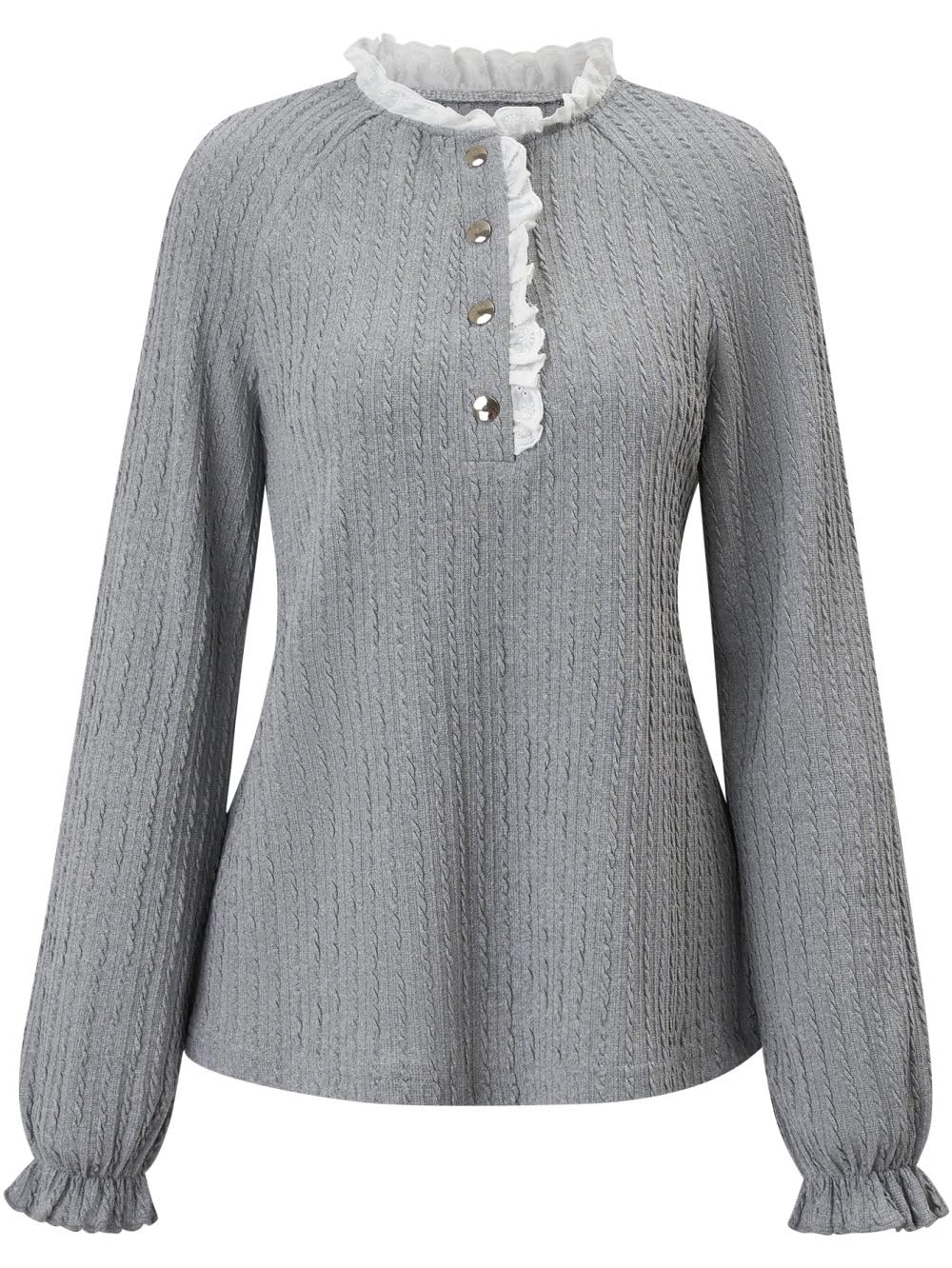 Bluse Damen,Damen Lässige Bluse Mit Schnappverschluss, Pullover Hemd, Grau, Stehkragen, Rüschenbesatz, Gedrehte Streifen, Langarm Shirt, Elegante Bluse, Blusen Tops Für Arbeit Und Ausgehen