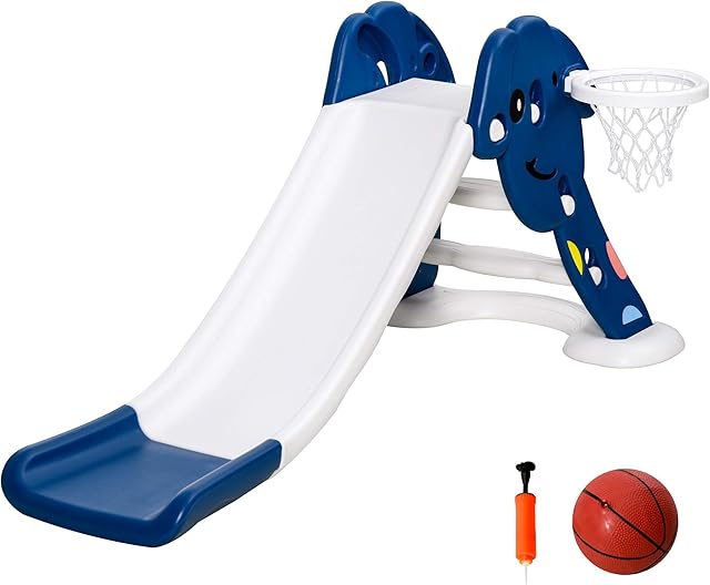 HOMCOM Kids Slide with Basketball Hoop Toddler Climber Freestanding Slider Playset Playground Slipping Slide Indoor Outdoor Exercise Toy Activity Center for 18-48 Months Blue