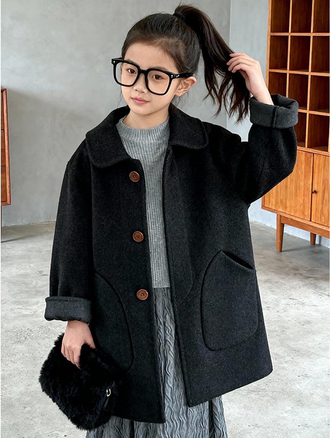 [Banlan] 子供服 女の子 ラシャコート チェスターコート 両面ツイード 無地 ロング丈 厚手 暖かい 秋 冬 キッズ 防寒