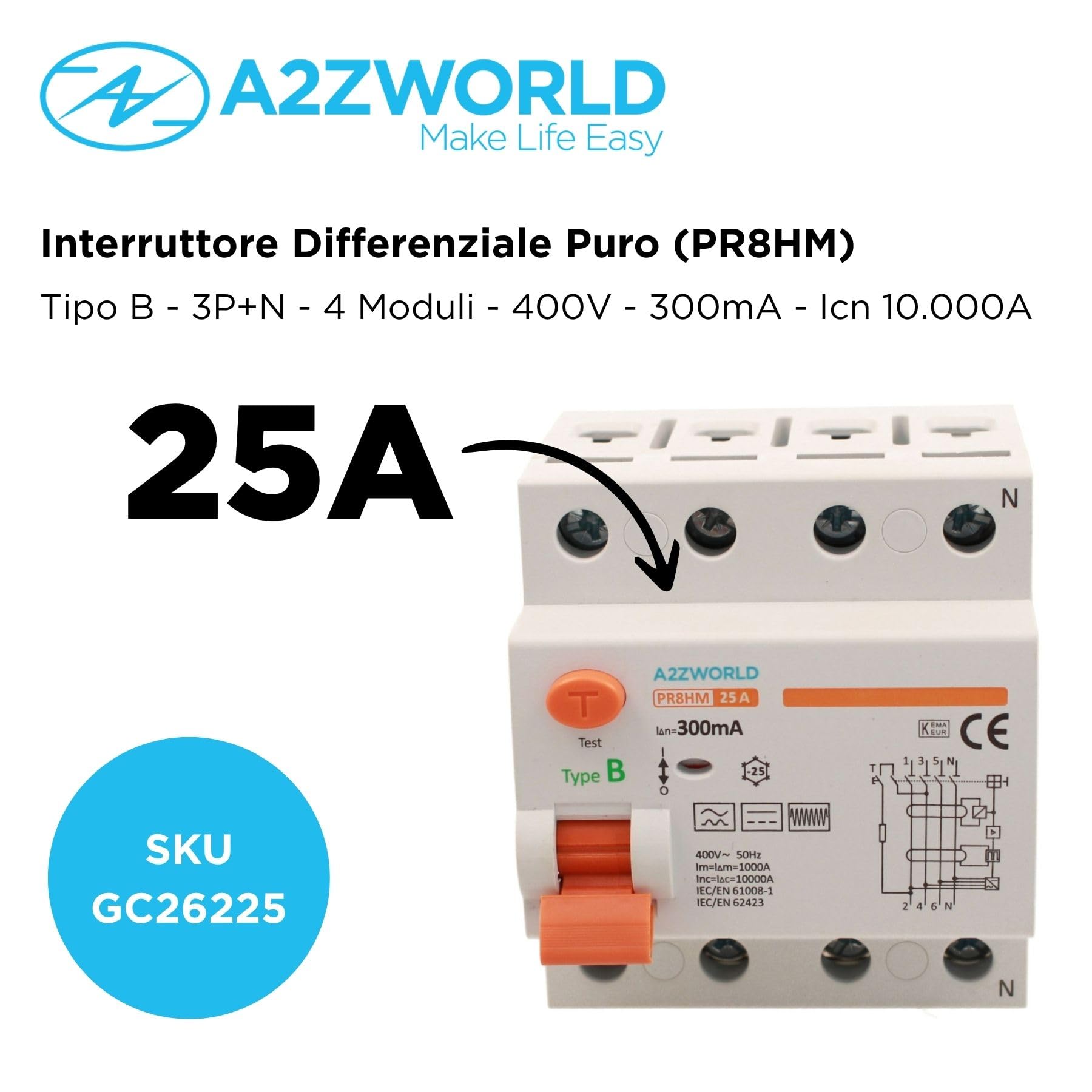Interruptor diferencial puro tipo B trifásico, salvavidas 300 mA 25 A, RCCB 3P + N 10 kA 380 V, 4 módulos DIN, serie PR8HM electromagnética, certificado IEC61008-1