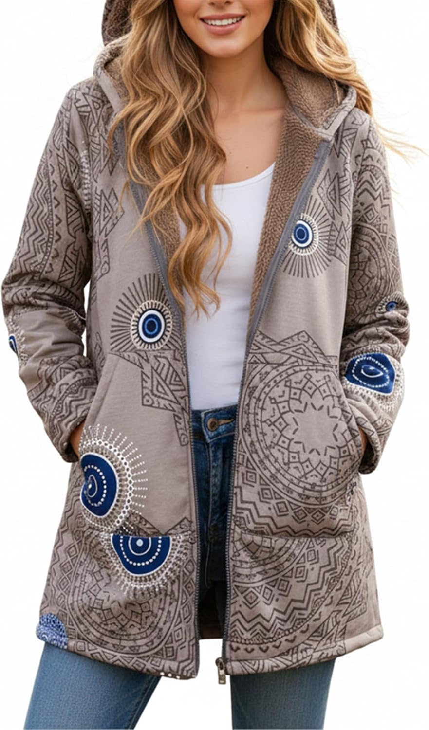 Womens Fleece Lined Jacket Zip Up Long Sleeve Hooded Vintage Print Fall Winter Warm Plus Size Coat With Pockets