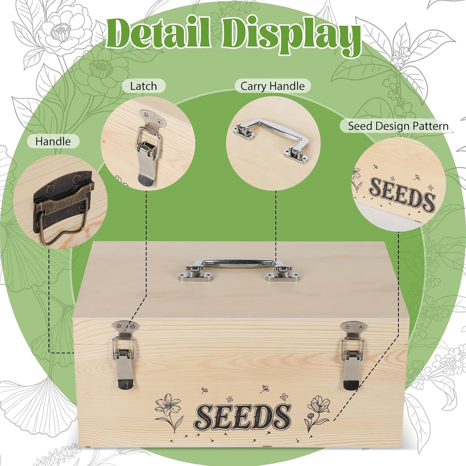 13.1”×7.7”×6” Wood Seed Storage Box 60pcs Seed Envelopes Fluorescent Index Tabs Seed Saving Organizer Box with Removable Dividers Safety Lock Side Handles Top Handle Gifts for Gardener Friends