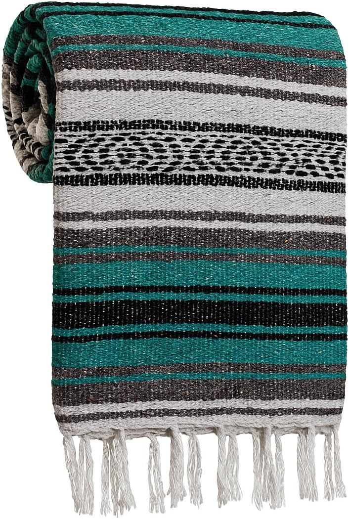 Large Mexican Blanket in Teal — Handcrafted Serape Falsa Yoga Blanket (73” x 48”) – Durable Throw for Camping, Beach & Outdoor Use – Artisan Craft, Made in Mexico from Recycled Fibers
