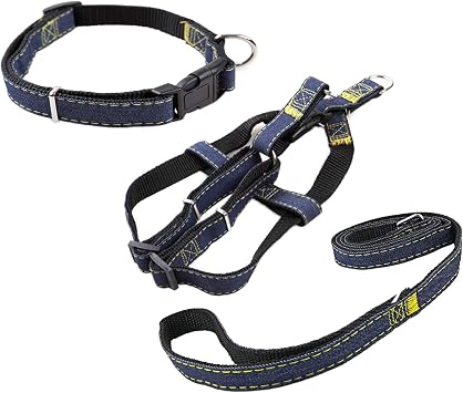 Fashion Dogs Harness Collar and Leash Set Comfortable Denim Cloth Puppy Harness Collar with Leashes for Dogs - Black - S