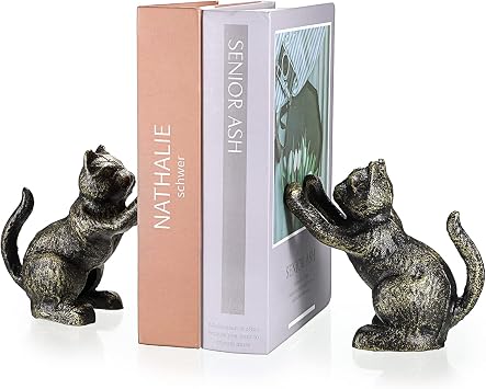 Decorative Cast Iron Bookends, Retro Black Gold Cat Style Book Ends | Heavy Duty Creative Animals Bookends to Hold Books Stopper for Heavy Books for Bookshelves Home Office Desk, etc.