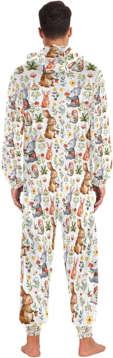 ALAZA Watercolor Cute Rabbit Bunny Unisex Onesie Hoody Pajamas Jumpsuit One-Piece Sleepwear for Men Women