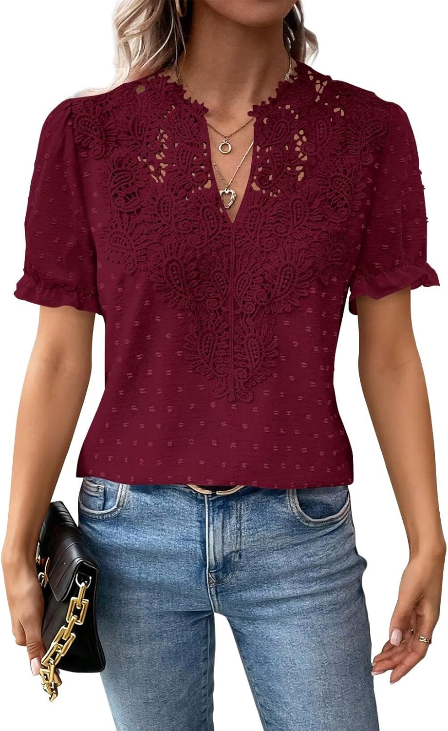 Falechay Womens Summer Tops Boho Short Sleeve Shirts V Neck Casual Chiffon Blouses Flowy Lace Hem Spring Clothing Trendy 2025