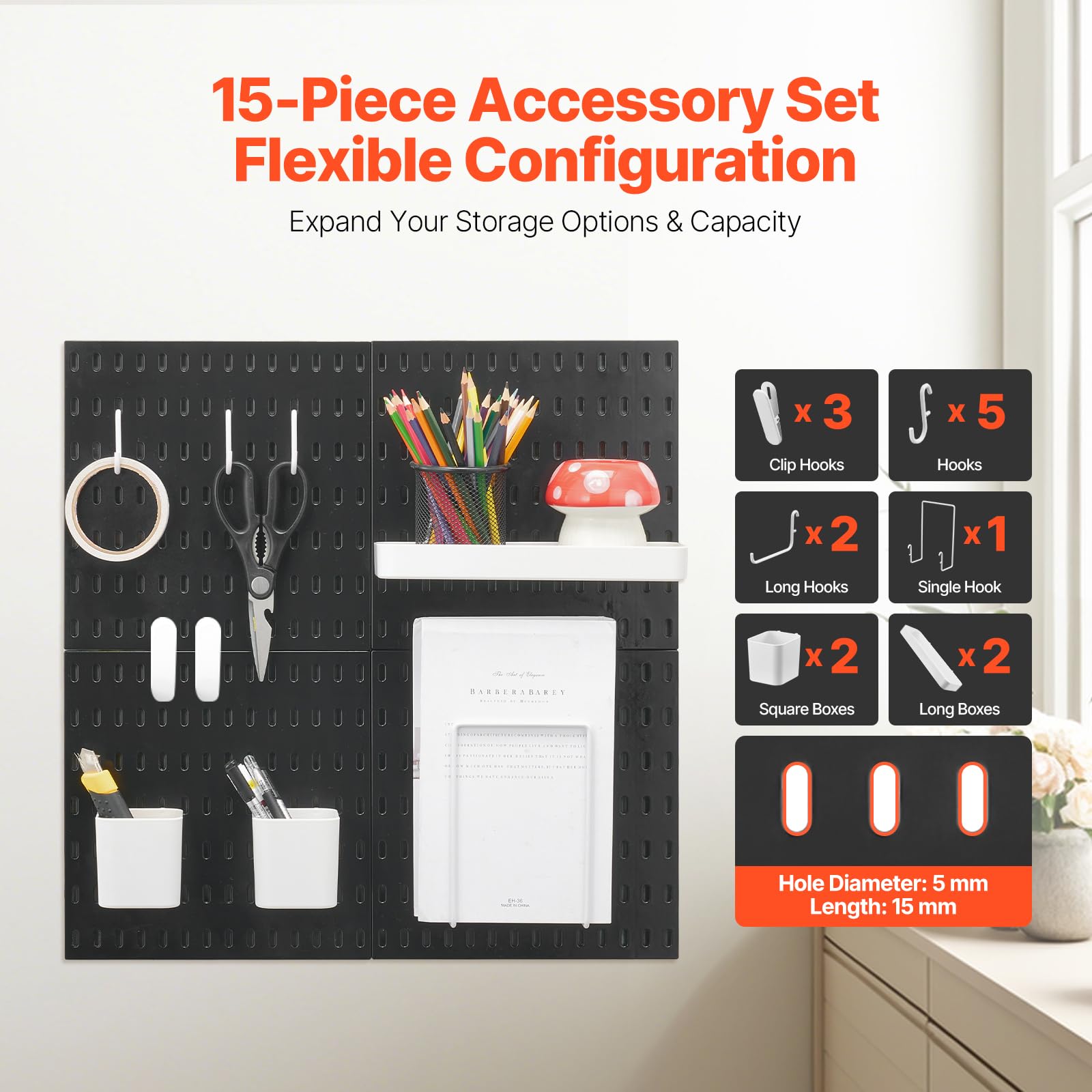 VEVOR Panneau Perforé Mural 280x280 mm Organiseur Garage en Plastique avec 4 Panneaux Perforés, Accessoires, Kit Rangement d'Outils pour Bureau, Salle d'Artisanat, Maison, Entrepôt, Magasin, Noir