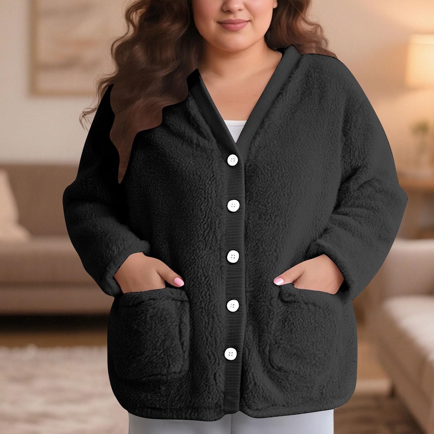 Oplxuo Plush Bed Jackets for Elderly Women Fuzzy Fleece Pajama Tops Button Up Sleepwear Long Sleeve Winter Coats with Pockets