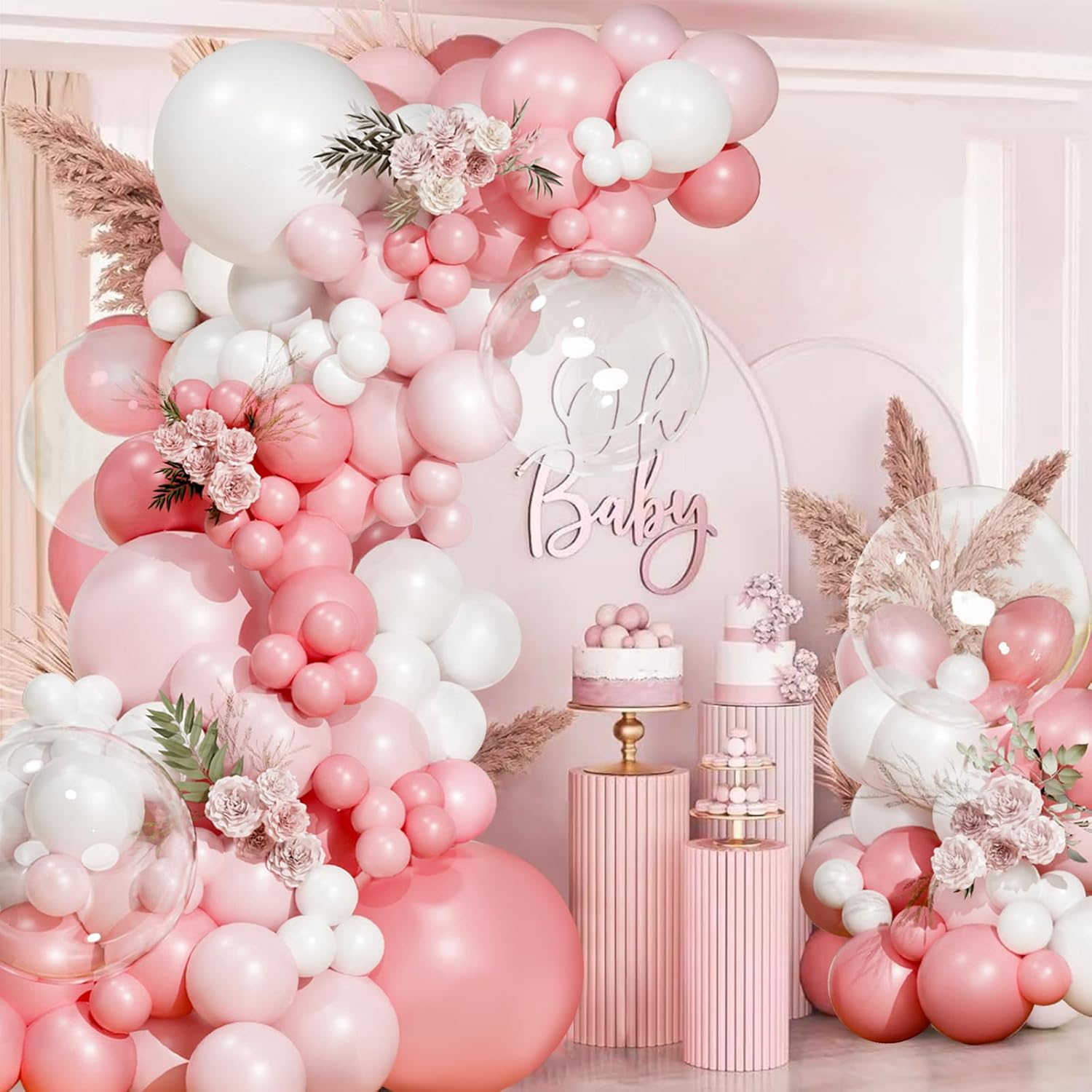 Pink Balloon Arch Kit, 108 pcs Light Pink and White Balloon Arch Garland Kit Include Retro Macaron Pink White Clear Balloons for Birthday Wedding Baby Shower Gender Reveal Bridal Party Decorations