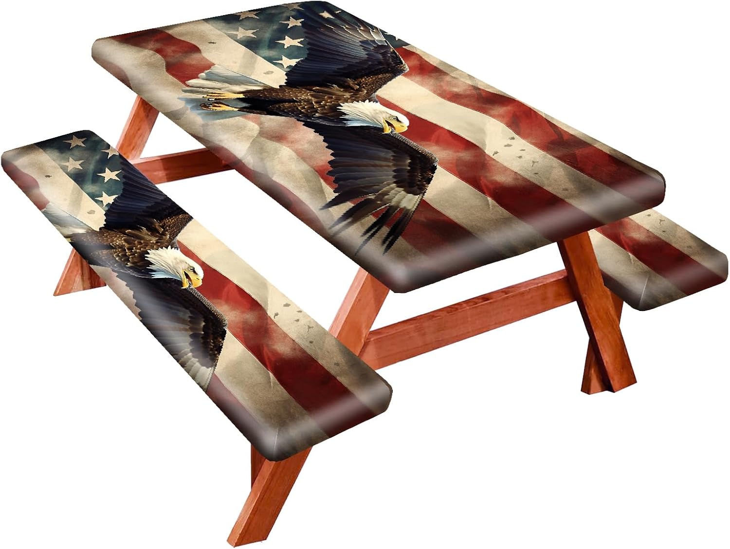 Park Picnic Table Cover with Bench Covers Lightweight Camping Essentials, Oil-Proof Waterproof 3PCS Tablecloth with Elastic, Fitted for Table 6FT Rectangle and Seats, American Flag Eagle (72x30in)