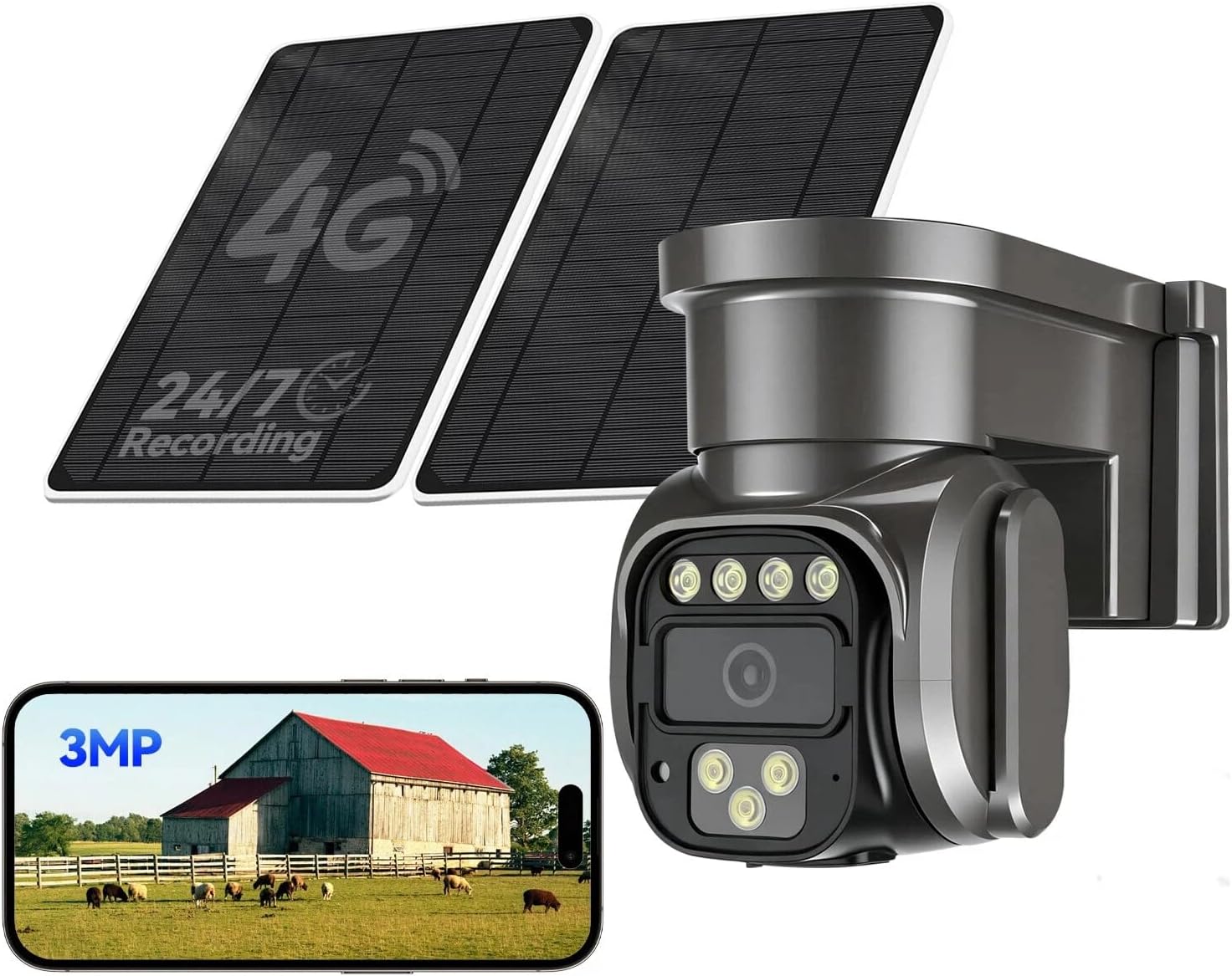 4G LTE Cellular Solar Security Camera, No WiFi AOV Solar Camera Wireless Outdoor, Dual Solar Panels, 360°Live View, 2K Color Night Vision, PIR Motion Sensor, 24/7 Recording, 2 Way Talk, Built-in SIM