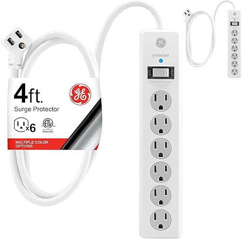 GE - Paquete de 2protectores de sobretensión de 6tomas, extensión de 4pies, 800julios, enchufe plano, tapas de seguridad de cierre por torsión, luz